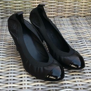 CHANEL Spirit Pumps 38 Heels Patent Logo Black
